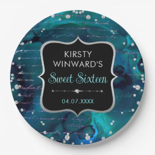 Türkise und irisierende Glitter-Buchstaben Sweet 1 Pappteller