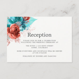 Türkise und korallenrote Aquarell-Hochzeitsempfang Begleitkarte