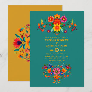 Türkise und Senfgelbe Mexikanische Folk Art Fiesta Einladung