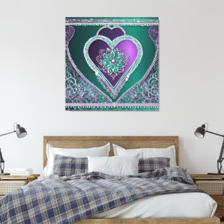 Türkise und violette, juwelenbesetzte Mandala-Herz Leinwanddruck