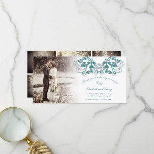 Türkise Vintage-Damask-Blumenfülle Foto-Hochzeit Dankeskarte
