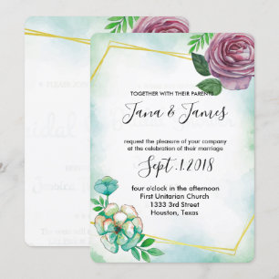 Türkise Wasserfarbe & lila Hochzeit mit floralen M Einladung