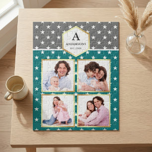 Türkise Weiße Sterne Muster Familienfoto-Collage Puzzle