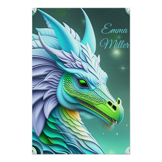 Türkiser Drache, fantasievolle Digital Art Poster (Vorderseite)