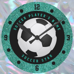 Türkiser falscher Glitter-Jungen-Fußball Runde Wanduhr