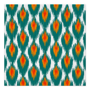 Türkiser Oranger Abstrakter Stammes-Ikat-Diamantmu Poster