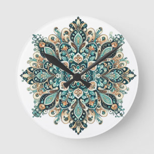Türkiser Paisley-Mandala mit goldenen Akzenten 1 Runde Wanduhr