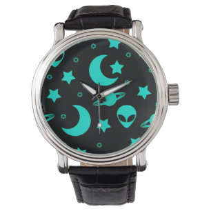 Türkises Alien-Muster mit Sternen und Monden Armbanduhr
