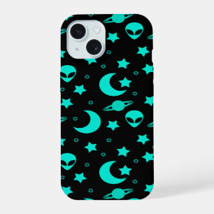 Türkises Alien-Muster mit Sternen und Monden iPhone 15 Hülle