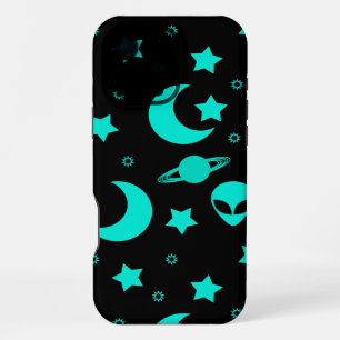 Türkises Alien-Muster mit Sternen und Monden iPhone 16 Pro Max Hülle