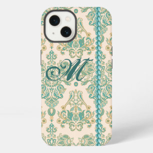 Türkises Damast-Monogramm, unechte Perlen iPhone 1 13 Hülle
