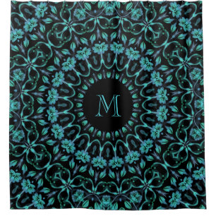 Türkises florales Mandala-Monogramm Duschvorhang