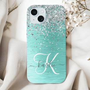 Türkises gebürstetes Metall Silber Glitter Monogra iPhone 15 Hülle