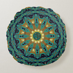 Türkises Gold Boho-Mandala OM-Yoga-Kissen Rundes Kissen