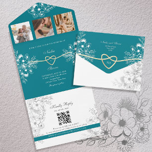 Türkises Goldenes Blumenmonogramm Hochzeit All In One Einladung