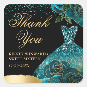 Türkises und goldenes Glitterkleid Glam Roses Swee Quadratischer Aufkleber