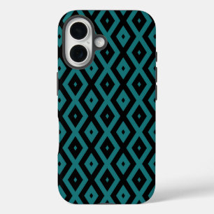 Türkises und schwarzes Diamantmuster iPhone 16 Hülle