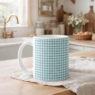 Türkises und weißes Gingham-Karomuster Cottagecore Kaffeetasse