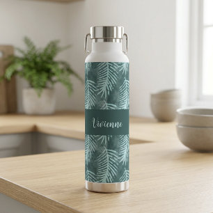 Türkises Wasserfarben-Tropenblatt-Monogramm-Name Trinkflasche