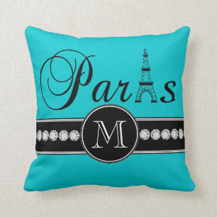 Türkisfarben 00c5cd Schwarz Paris Monogramm Kissen