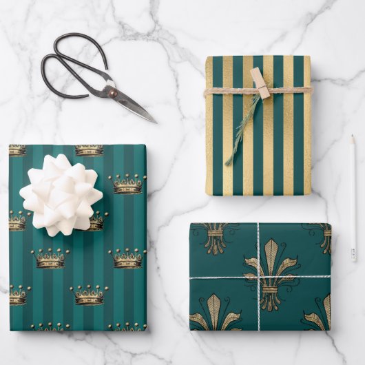 Türkisfarben - Aquamarin und Gold - Thema Paris Geschenkpapier Set (Vorderseite)