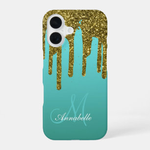 Türkisfarben Blau Grün - Gold Glitter Tropfen Pers iPhone 16 Hülle