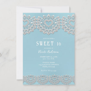 Türkisfarben Blau Weiß Spitze Herz Sweet 16 Einladung