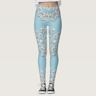 Türkisfarben Blau Weiße Spitze Herz Hochzeit Braut Leggings