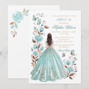 Türkisfarben Gold Floral Schmetterling Prinzessin Einladung