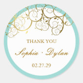 Türkisfarben & Goldene Spiralen Elegante Hochzeit Runder Aufkleber (Vorderseite)