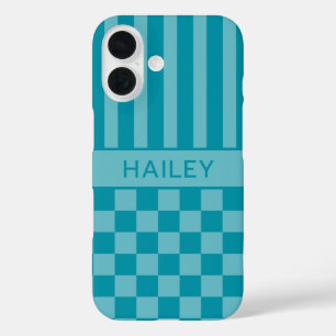 Türkisfarben kariert gestreift personalisiert iPhone 16 hülle