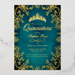Türkisfarben Kronen Blumen Quinceanera  Folieneinladung