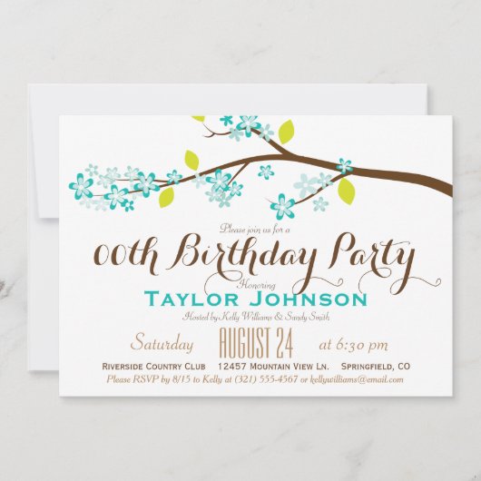 Türkisfarben, Limon, Braune Zweigstelle Geburtstag Einladung (Vorderseite)