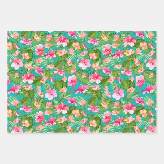 Türkisfarben mit tropischen Blumen Geschenkpapier Set (Vorderseite 3)