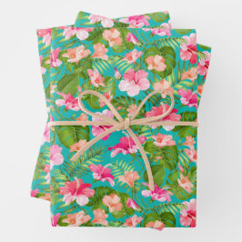 Türkisfarben mit tropischen Blumen Geschenkpapier Set