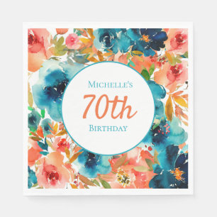 Türkisfarben Orange Aquarell Blumen 70. Geburtstag Serviette