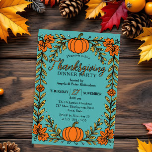 Türkisfarben Orange Kürbis Thanksgiving-Dinner Einladung