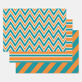 Türkisfarben, Orange und Weiße Chevron- und Streif Geschenkpapier Set