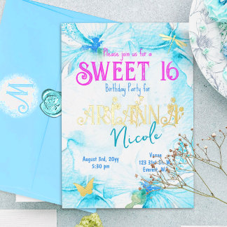 Türkisfarben Rosa Gold Sweet 16 Florale Buchstaben Folieneinladung