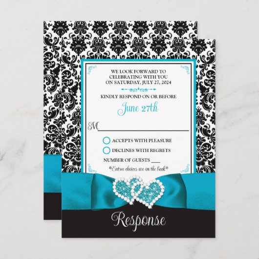 Türkisfarben, schwarze Damaskus-Liebe Hört RSVP-Ka Einladung (Vorne/Hinten)