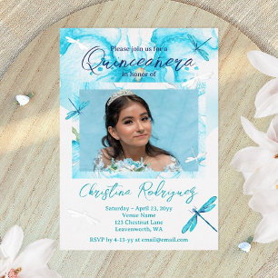 Türkisfarben, Silber Orchidee, Libelle Quinceanera Folieneinladung