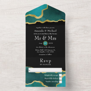 Türkisfarben - Türkis und Gold Achat Hochzeit All  In One Einladung