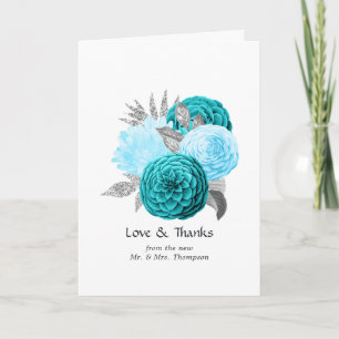Türkisfarben - Türkis und Silber Florale Hochzeit Dankeskarte