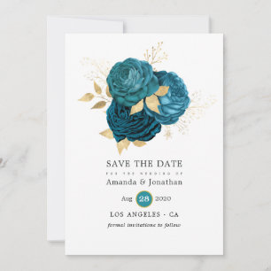 Türkisfarben - Türkisblaue und goldene florale Hoc Save The Date