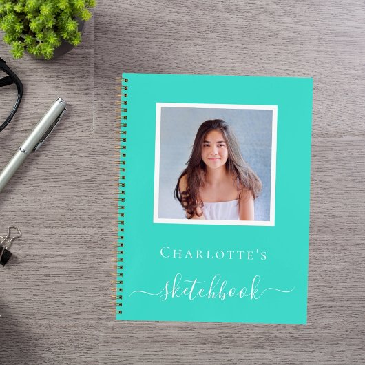 Türkisfarben-Typografie des Sketchbook Foto Notizblock