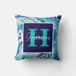 Türkisfarben und blauer Marmor, Monogram Name Beac Kissen