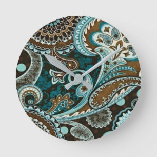 Türkisfarben und braun vintage Paisley neu Runde Wanduhr