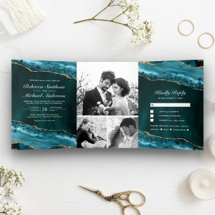 Türkisfarben und Gold Achat Foto Collage Hochzeit Dreifach Gefaltete Einladung
