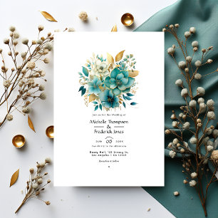 Türkisfarben- und Gold-Blumenhochzeit Einladung