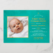 Türkisfarben und goldene geometrische Blumengemein Folieneinladung (Vorderseite)